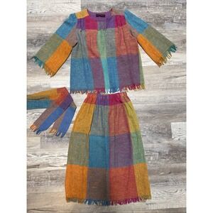 Vtg AC Sport 3 Pc Patchwork Skirt and Jacket Blazer Belt Suit Multi Color Boho S